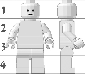 A standard LEGO minifig shown in front and right-side views; horizontal lines have been imposed to show its height in heads.