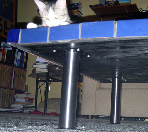 Worm's eye view showing table bottom and leg attachment.  Kitteh not included.