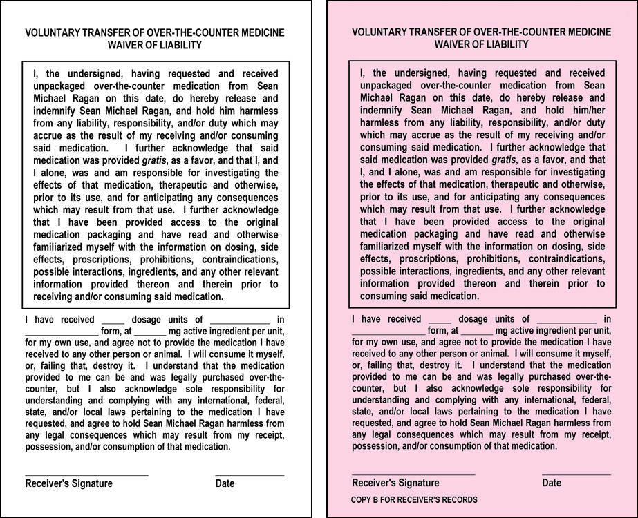 Self-duplicating 'aspirin waiver' form.  Pink copy is for receiver's records.