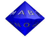 Raytraced image of my alphabet die concept, in translucent blue, rotating about the X axis.