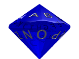 Raytraced image of my alphabet die concept, in translucent blue, rotating about X and Y axes.