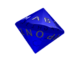 Raytraced image of my alphabet die concept, in translucent blue, rotating about X, Y, and Z axes.