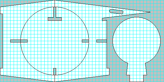 Plan for an alternate puzzle chair with a circular back.  The cutting is more complex, and generates more waste, but the end result, it is hoped, will be more aestheticaly pleasing. As before, this drawing is on a 1 in. grid.