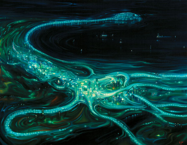 The night-time sprawl of a modern coastal metropolis figured as a giant glowing squid.