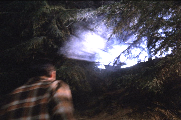 Agent Cooper spies a mysterious light from beyond a wooded hill the night Major Briggs is abducted.