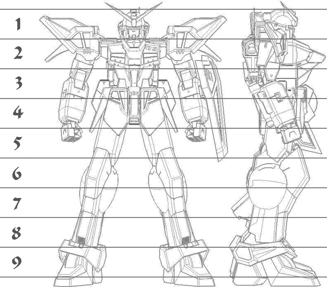 A Gundam-style mecha shown in front and right side views with superimposed lines showing height in heads of about 9.5.