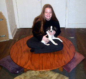 My ex-girlfriend Mel and her pup, Nikita, showing off puzzle table prototype #1.