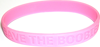 Pink rubber awareness bracelet with slogan SAVE THE BOOBIES.