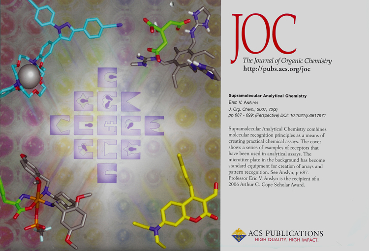 Image, to left, shows conceptual representation of differential-array-based chemical sensor superimposed over microtitre plate, with emerging 3D molecular models of particular sensors.