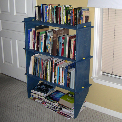 Puzzle shelves fully loaded with books.