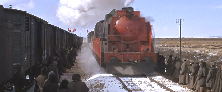 Front view of Strelnikov's train as it approaches.
